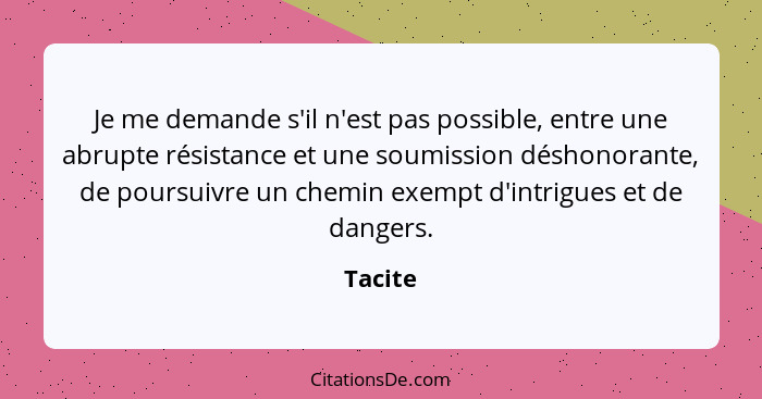 Je me demande s'il n'est pas possible, entre une abrupte résistance et une soumission déshonorante, de poursuivre un chemin exempt d'intrigue... - Tacite