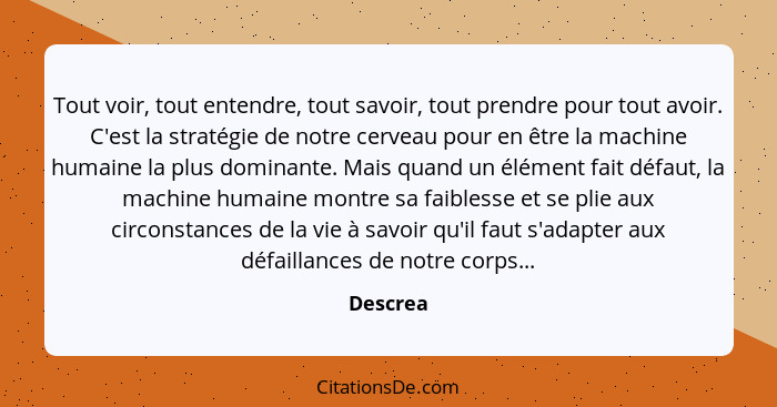 Tout voir, tout entendre, tout savoir, tout prendre pour tout avoir. C'est la stratégie de notre cerveau pour en être la machine humaine la... - Descrea