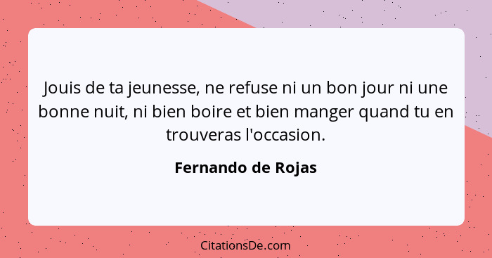 Jouis de ta jeunesse, ne refuse ni un bon jour ni une bonne nuit, ni bien boire et bien manger quand tu en trouveras l'occasion.... - Fernando de Rojas