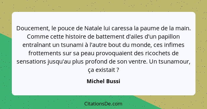 Doucement, le pouce de Natale lui caressa la paume de la main. Comme cette histoire de battement d'ailes d'un papillon entraînant un ts... - Michel Bussi