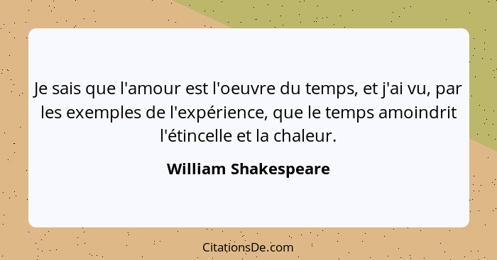 Je sais que l'amour est l'oeuvre du temps, et j'ai vu, par les exemples de l'expérience, que le temps amoindrit l'étincelle et l... - William Shakespeare