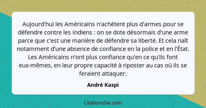 Aujourd'hui les Américains n'achètent plus d'armes pour se défendre contre les Indiens : on se dote désormais d'une arme parce que... - André Kaspi