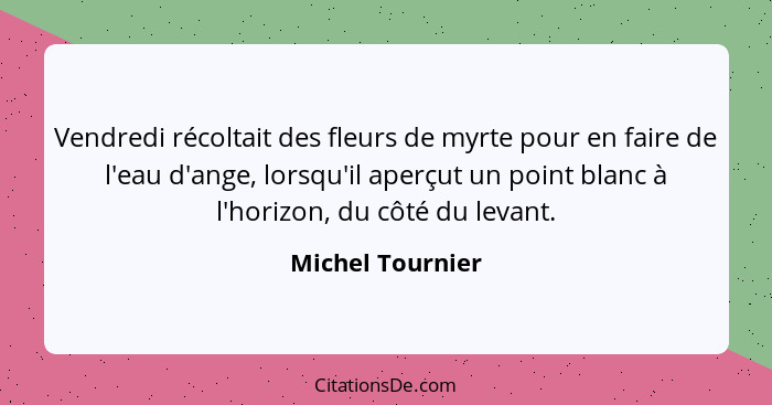 Vendredi récoltait des fleurs de myrte pour en faire de l'eau d'ange, lorsqu'il aperçut un point blanc à l'horizon, du côté du levan... - Michel Tournier