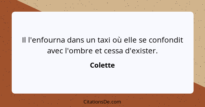 Il l'enfourna dans un taxi où elle se confondit avec l'ombre et cessa d'exister.... - Colette