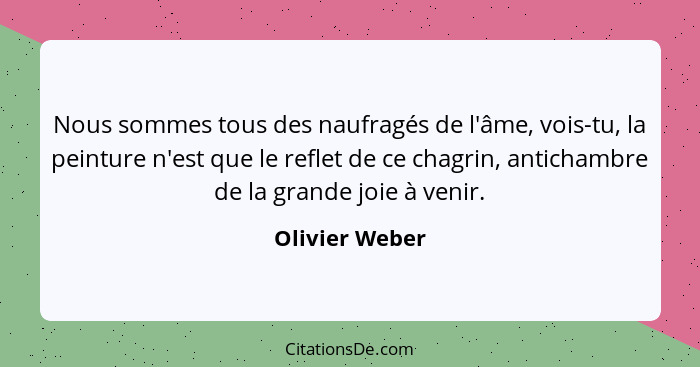 Nous sommes tous des naufragés de l'âme, vois-tu, la peinture n'est que le reflet de ce chagrin, antichambre de la grande joie à venir... - Olivier Weber