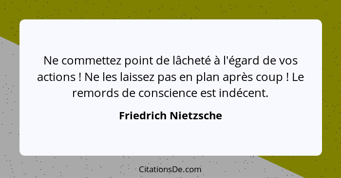 Ne commettez point de lâcheté à l'égard de vos actions ! Ne les laissez pas en plan après coup ! Le remords de conscie... - Friedrich Nietzsche