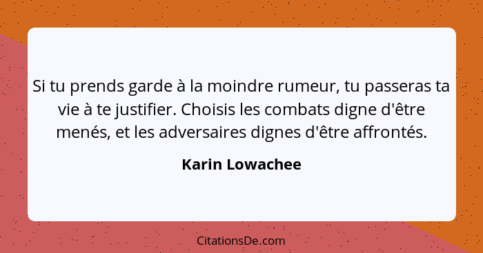 Si tu prends garde à la moindre rumeur, tu passeras ta vie à te justifier. Choisis les combats digne d'être menés, et les adversaires... - Karin Lowachee