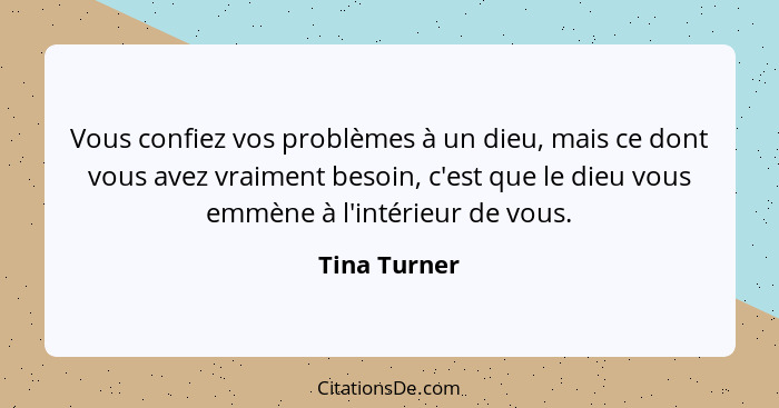 Vous confiez vos problèmes à un dieu, mais ce dont vous avez vraiment besoin, c'est que le dieu vous emmène à l'intérieur de vous.... - Tina Turner