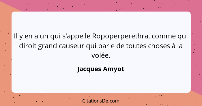 Il y en a un qui s'appelle Ropoperperethra, comme qui diroit grand causeur qui parle de toutes choses à la volée.... - Jacques Amyot