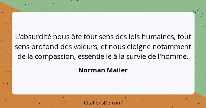 L'absurdité nous ôte tout sens des lois humaines, tout sens profond des valeurs, et nous éloigne notamment de la compassion, essentiel... - Norman Mailer