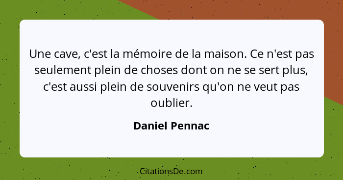 Une cave, c'est la mémoire de la maison. Ce n'est pas seulement plein de choses dont on ne se sert plus, c'est aussi plein de souvenir... - Daniel Pennac