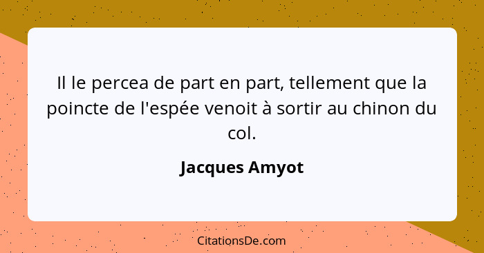 Il le percea de part en part, tellement que la poincte de l'espée venoit à sortir au chinon du col.... - Jacques Amyot