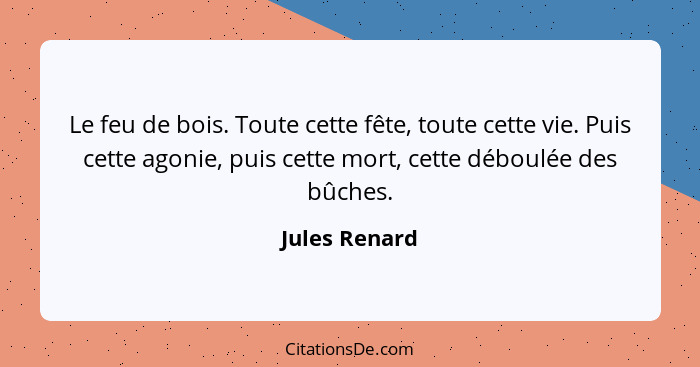 Le feu de bois. Toute cette fête, toute cette vie. Puis cette agonie, puis cette mort, cette déboulée des bûches.... - Jules Renard