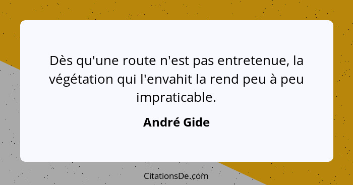 Dès qu'une route n'est pas entretenue, la végétation qui l'envahit la rend peu à peu impraticable.... - André Gide