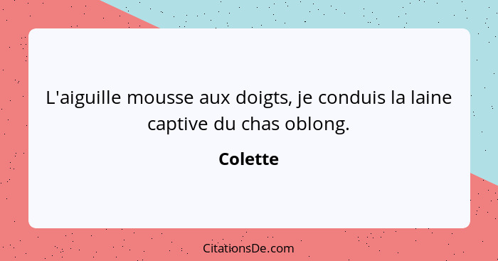 L'aiguille mousse aux doigts, je conduis la laine captive du chas oblong.... - Colette