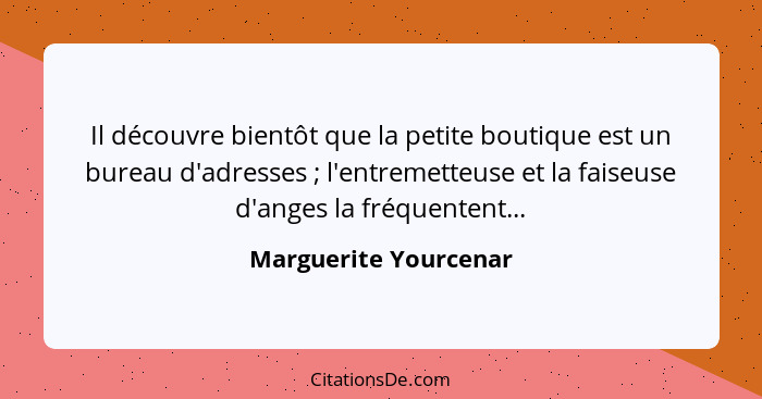 Il découvre bientôt que la petite boutique est un bureau d'adresses ; l'entremetteuse et la faiseuse d'anges la fréquenten... - Marguerite Yourcenar