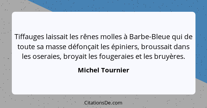 Tiffauges laissait les rênes molles à Barbe-Bleue qui de toute sa masse défonçait les épiniers, broussait dans les oseraies, broyait... - Michel Tournier