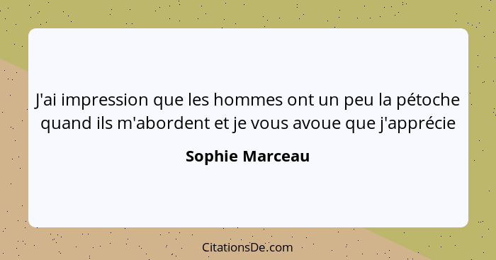 J'ai impression que les hommes ont un peu la pétoche quand ils m'abordent et je vous avoue que j'apprécie... - Sophie Marceau