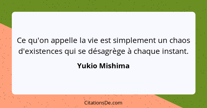 Ce qu'on appelle la vie est simplement un chaos d'existences qui se désagrège à chaque instant.... - Yukio Mishima