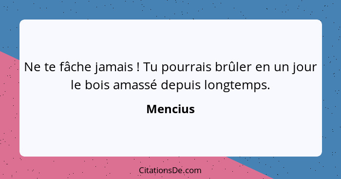 Ne te fâche jamais ! Tu pourrais brûler en un jour le bois amassé depuis longtemps.... - Mencius