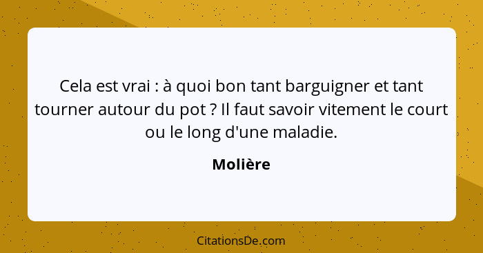 Cela est vrai : à quoi bon tant barguigner et tant tourner autour du pot ? Il faut savoir vitement le court ou le long d'une malad... - Molière