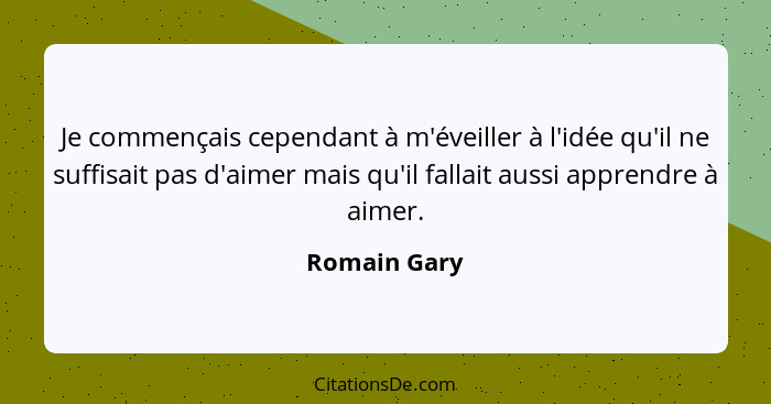 Je commençais cependant à m'éveiller à l'idée qu'il ne suffisait pas d'aimer mais qu'il fallait aussi apprendre à aimer.... - Romain Gary