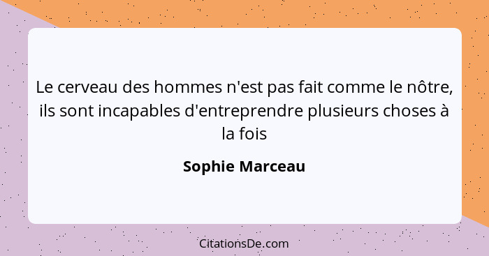 Le cerveau des hommes n'est pas fait comme le nôtre, ils sont incapables d'entreprendre plusieurs choses à la fois... - Sophie Marceau