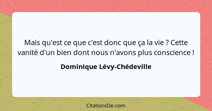 Mais qu'est ce que c'est donc que ça la vie ? Cette vanité d'un bien dont nous n'avons plus conscience !... - Dominique Lévy-Chédeville