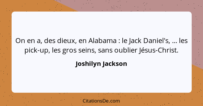 On en a, des dieux, en Alabama : le Jack Daniel's, ... les pick-up, les gros seins, sans oublier Jésus-Christ.... - Joshilyn Jackson