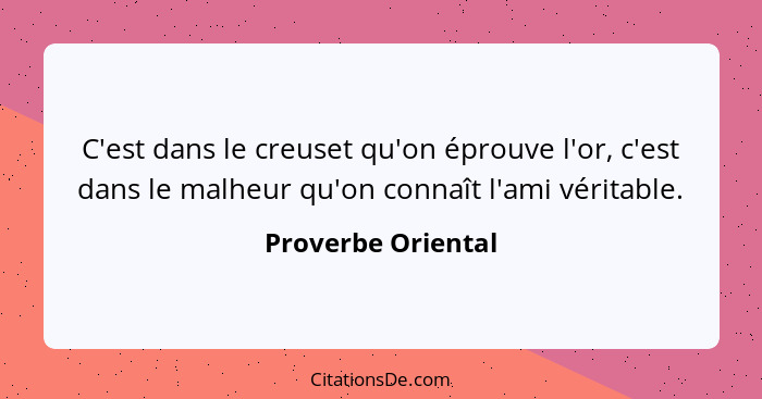 C'est dans le creuset qu'on éprouve l'or, c'est dans le malheur qu'on connaît l'ami véritable.... - Proverbe Oriental