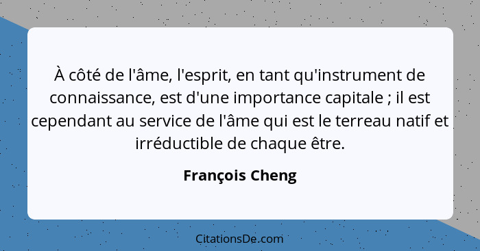 À côté de l'âme, l'esprit, en tant qu'instrument de connaissance, est d'une importance capitale ; il est cependant au service de... - François Cheng