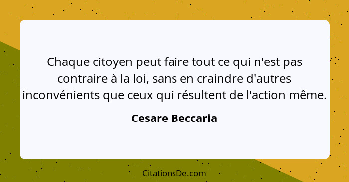 Chaque citoyen peut faire tout ce qui n'est pas contraire à la loi, sans en craindre d'autres inconvénients que ceux qui résultent d... - Cesare Beccaria