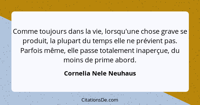 Comme toujours dans la vie, lorsqu'une chose grave se produit, la plupart du temps elle ne prévient pas. Parfois même, elle pa... - Cornelia Nele Neuhaus