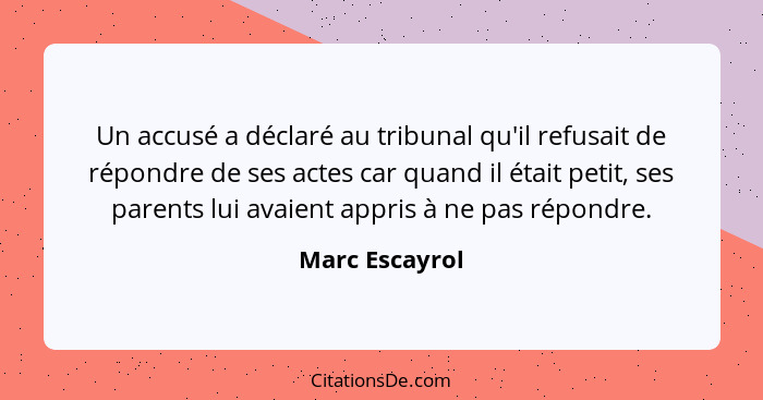 Un accusé a déclaré au tribunal qu'il refusait de répondre de ses actes car quand il était petit, ses parents lui avaient appris à ne... - Marc Escayrol