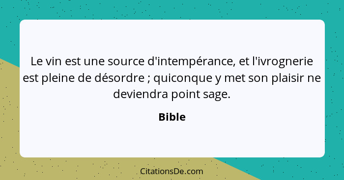 Le vin est une source d'intempérance, et l'ivrognerie est pleine de désordre ; quiconque y met son plaisir ne deviendra point sage.... - Bible