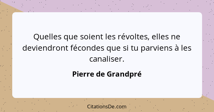 Quelles que soient les révoltes, elles ne deviendront fécondes que si tu parviens à les canaliser.... - Pierre de Grandpré