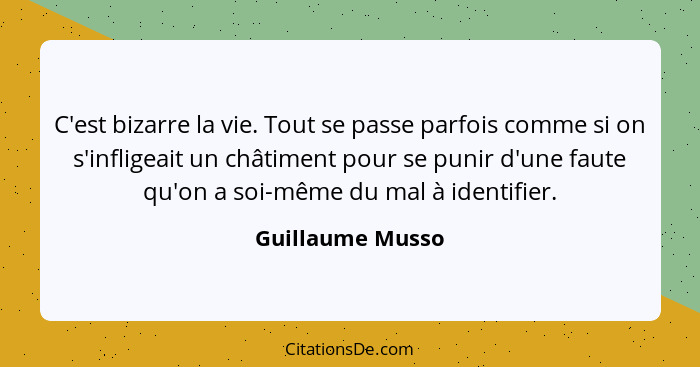 C'est bizarre la vie. Tout se passe parfois comme si on s'infligeait un châtiment pour se punir d'une faute qu'on a soi-même du mal... - Guillaume Musso