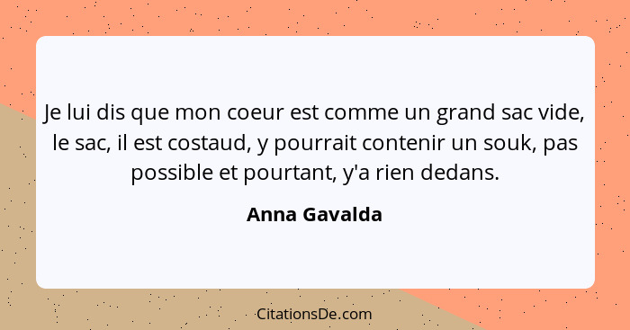 Je lui dis que mon coeur est comme un grand sac vide, le sac, il est costaud, y pourrait contenir un souk, pas possible et pourtant, y'... - Anna Gavalda