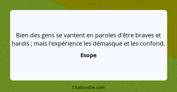 Bien des gens se vantent en paroles d'être braves et hardis ; mais l'expérience les démasque et les confond.... - Esope