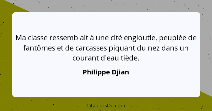 Ma classe ressemblait à une cité engloutie, peuplée de fantômes et de carcasses piquant du nez dans un courant d'eau tiède.... - Philippe Djian