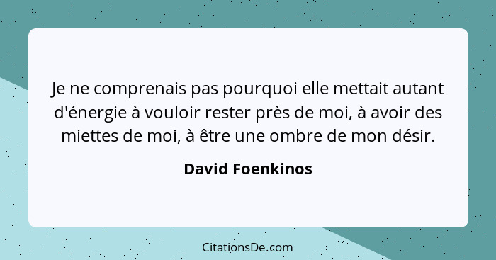 Je ne comprenais pas pourquoi elle mettait autant d'énergie à vouloir rester près de moi, à avoir des miettes de moi, à être une omb... - David Foenkinos