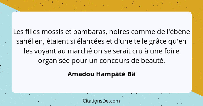 Les filles mossis et bambaras, noires comme de l'ébène sahélien, étaient si élancées et d'une telle grâce qu'en les voyant au marc... - Amadou Hampâté Bâ