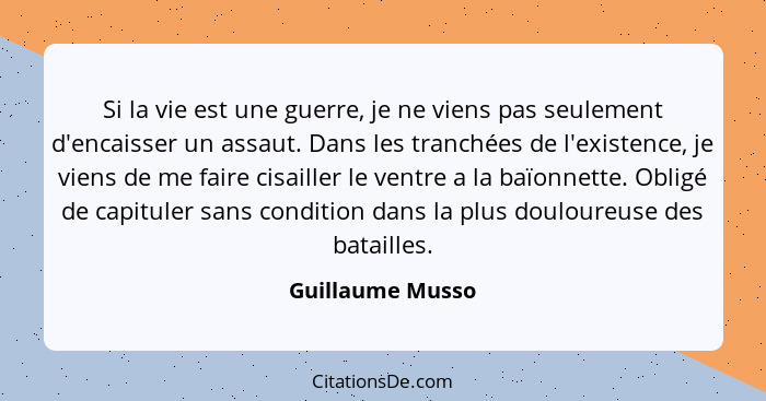 Si la vie est une guerre, je ne viens pas seulement d'encaisser un assaut. Dans les tranchées de l'existence, je viens de me faire c... - Guillaume Musso