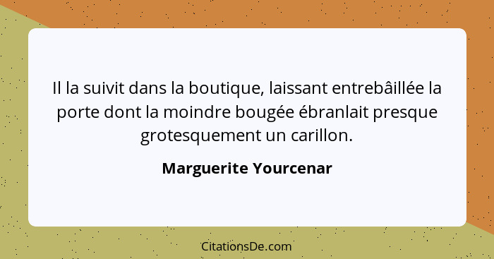 Il la suivit dans la boutique, laissant entrebâillée la porte dont la moindre bougée ébranlait presque grotesquement un carillo... - Marguerite Yourcenar