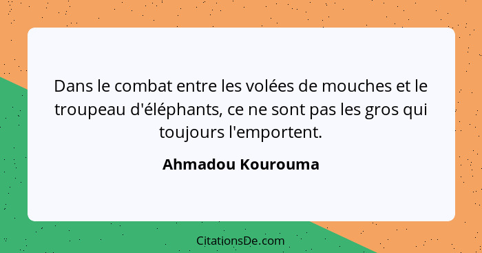 Dans le combat entre les volées de mouches et le troupeau d'éléphants, ce ne sont pas les gros qui toujours l'emportent.... - Ahmadou Kourouma