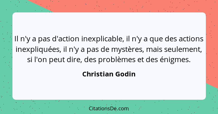 Il n'y a pas d'action inexplicable, il n'y a que des actions inexpliquées, il n'y a pas de mystères, mais seulement, si l'on peut di... - Christian Godin