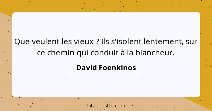 Que veulent les vieux ? Ils s'isolent lentement, sur ce chemin qui conduit à la blancheur.... - David Foenkinos