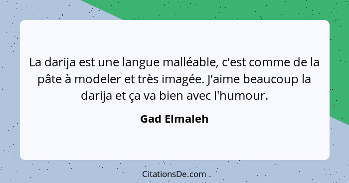 La darija est une langue malléable, c'est comme de la pâte à modeler et très imagée. J'aime beaucoup la darija et ça va bien avec l'humo... - Gad Elmaleh