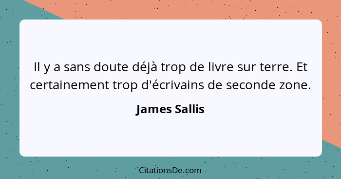 Il y a sans doute déjà trop de livre sur terre. Et certainement trop d'écrivains de seconde zone.... - James Sallis