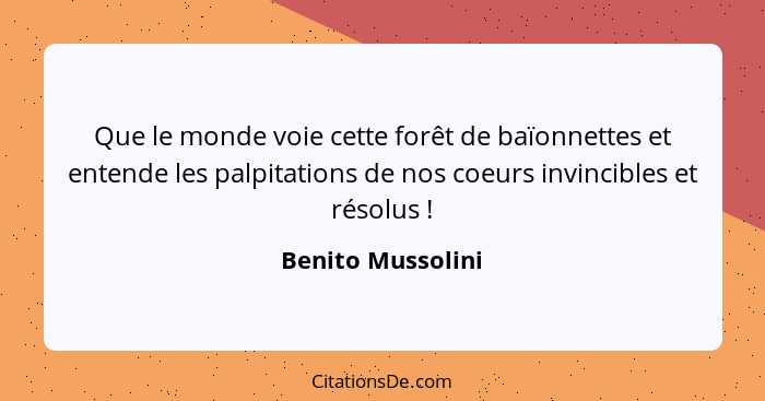 Que le monde voie cette forêt de baïonnettes et entende les palpitations de nos coeurs invincibles et résolus !... - Benito Mussolini